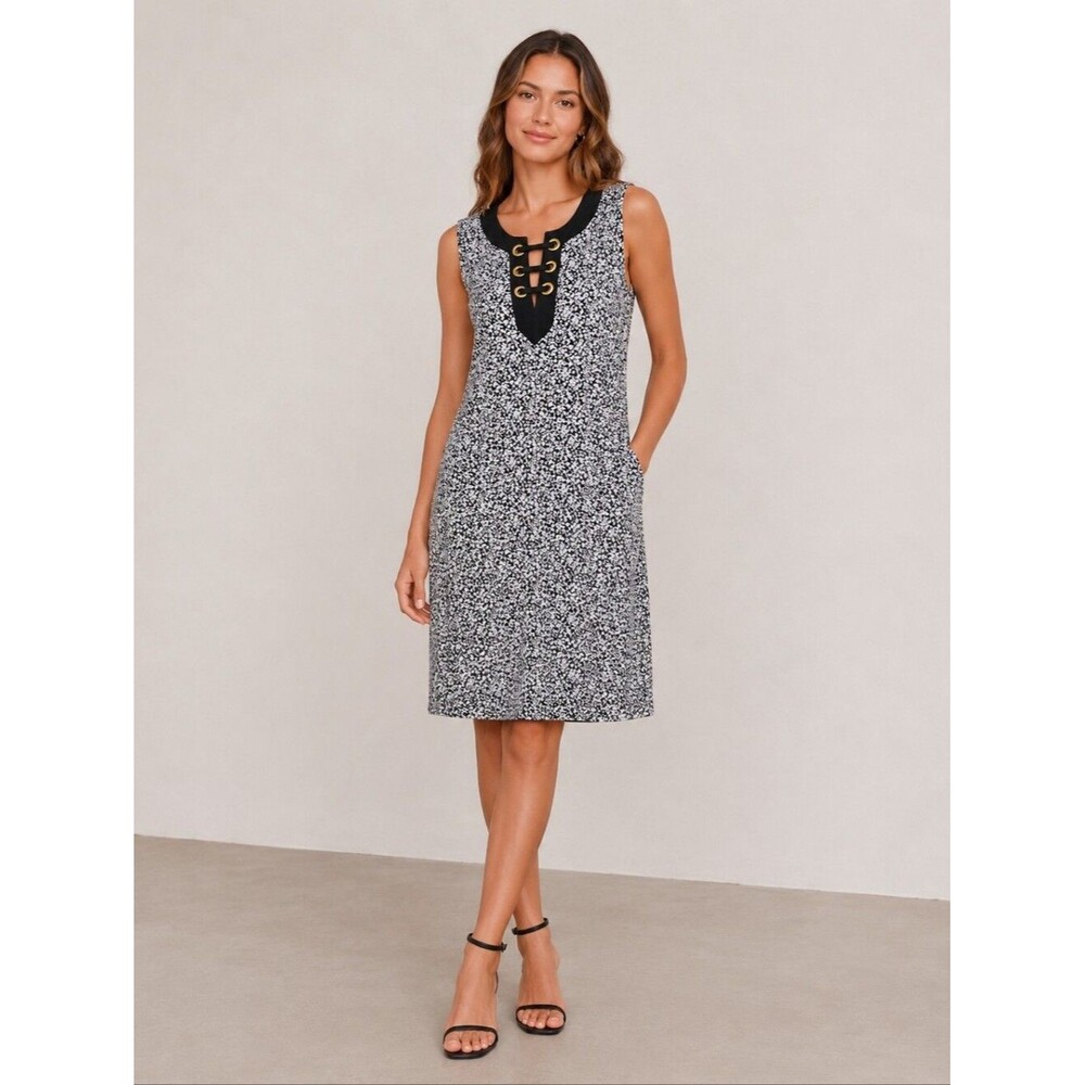 Michael Kors Black & White Floral Sleeveless Mini Dress, Lace Up Yoke, L